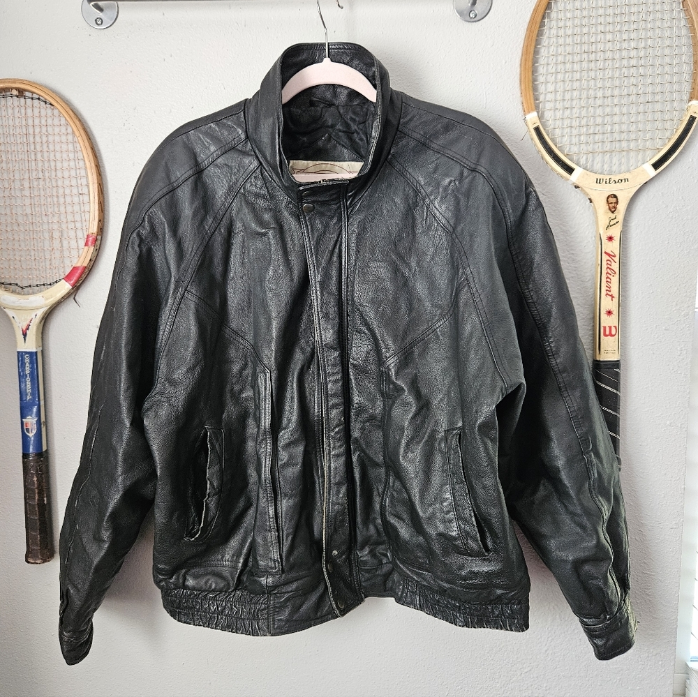 Vintage John Ashford Leather Jacket Mens Large Black Bomber Moto Heavy Bike